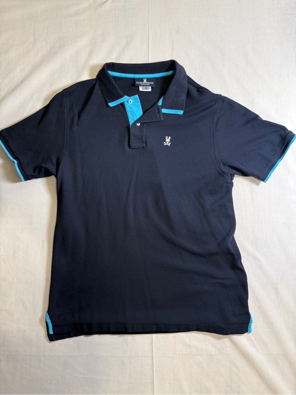 Psycho Bunny Polo Shirt Mens 6 L Navy Blue Aqua Tipped 100% Pima Cotton Golf